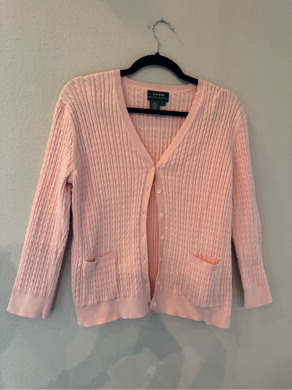 Lauren Ralph Lauren Pink Cable-Knit V-Neck Cardigan Sweater Large